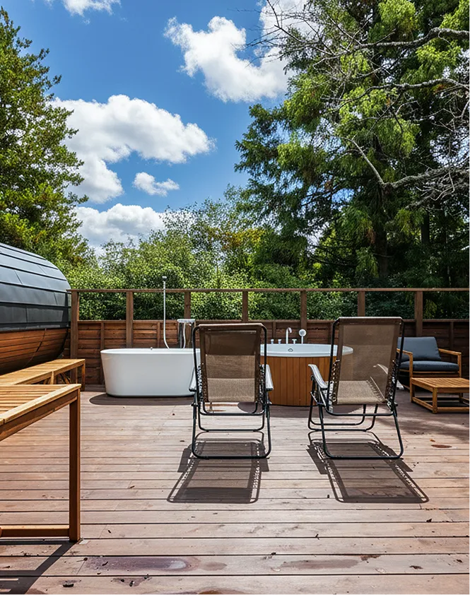 Loungers and an outdoor bath on the deck beneath a clear sky