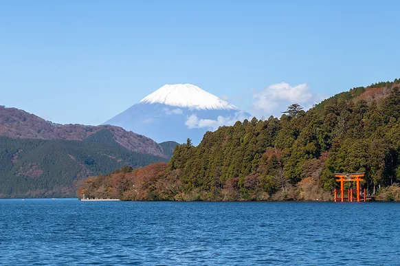 Mount Fuji and the red torii gate of Hakone Shrine across Lake Ashi