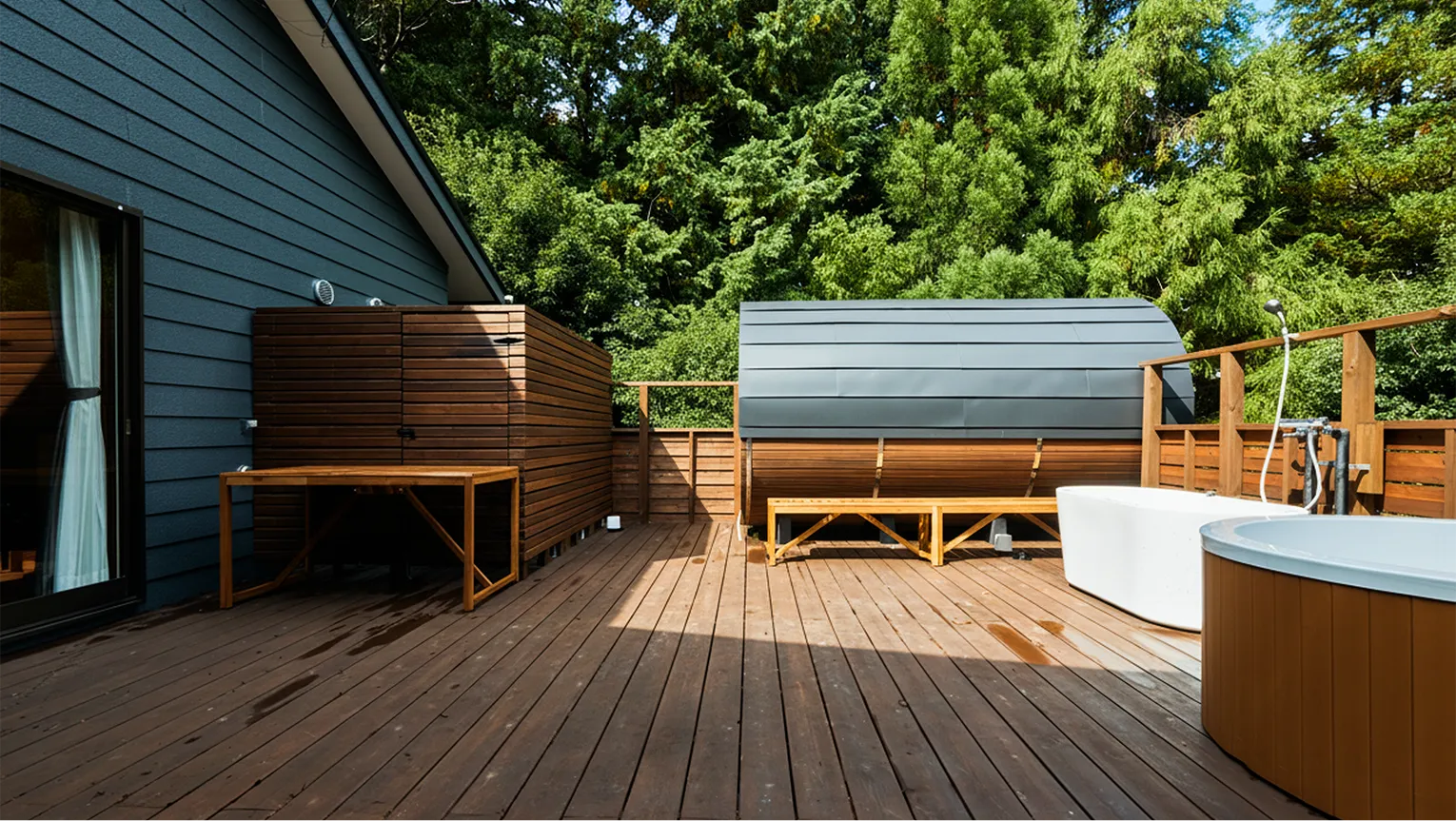 Wooden deck alongside the villa with the barrel sauna and jacuzzi