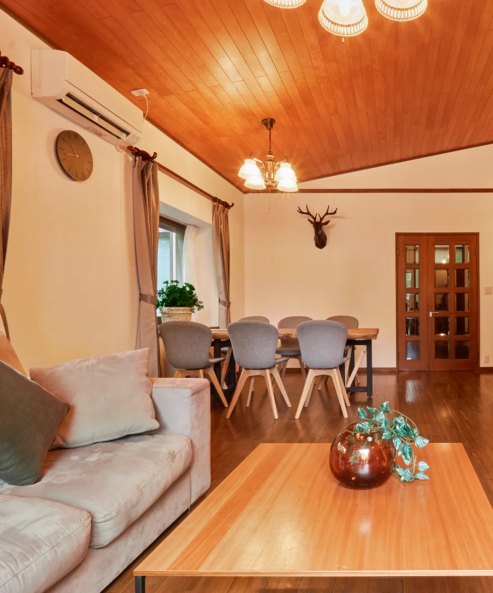 Sofa and dining table in the living room, with a deer mount on the wall