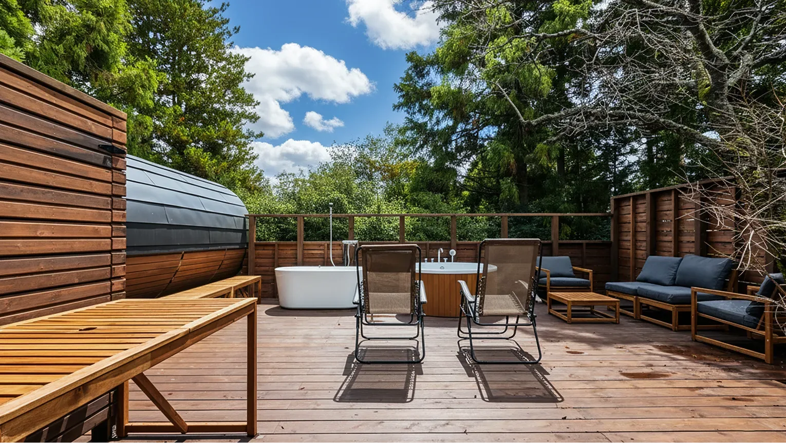 Barrel sauna, outdoor bathtub, and loungers on the deck under a blue sky