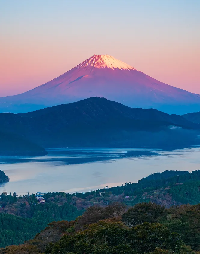 Mt. Fuji and Lake Ashi glowing at sunset