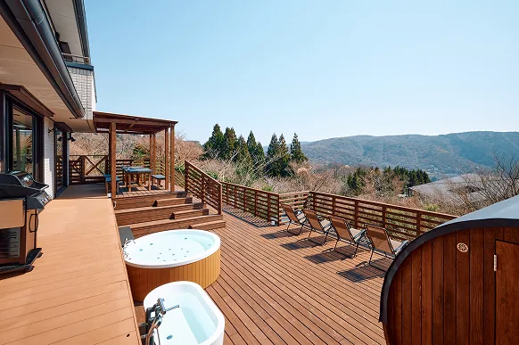Hakone mountains toward Lake Ashi seen from the wooden deck