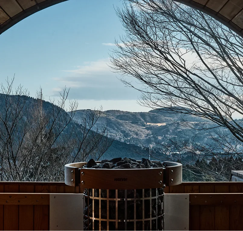 View of the Hakone mountains from inside the barrel sauna with its Harvia heater