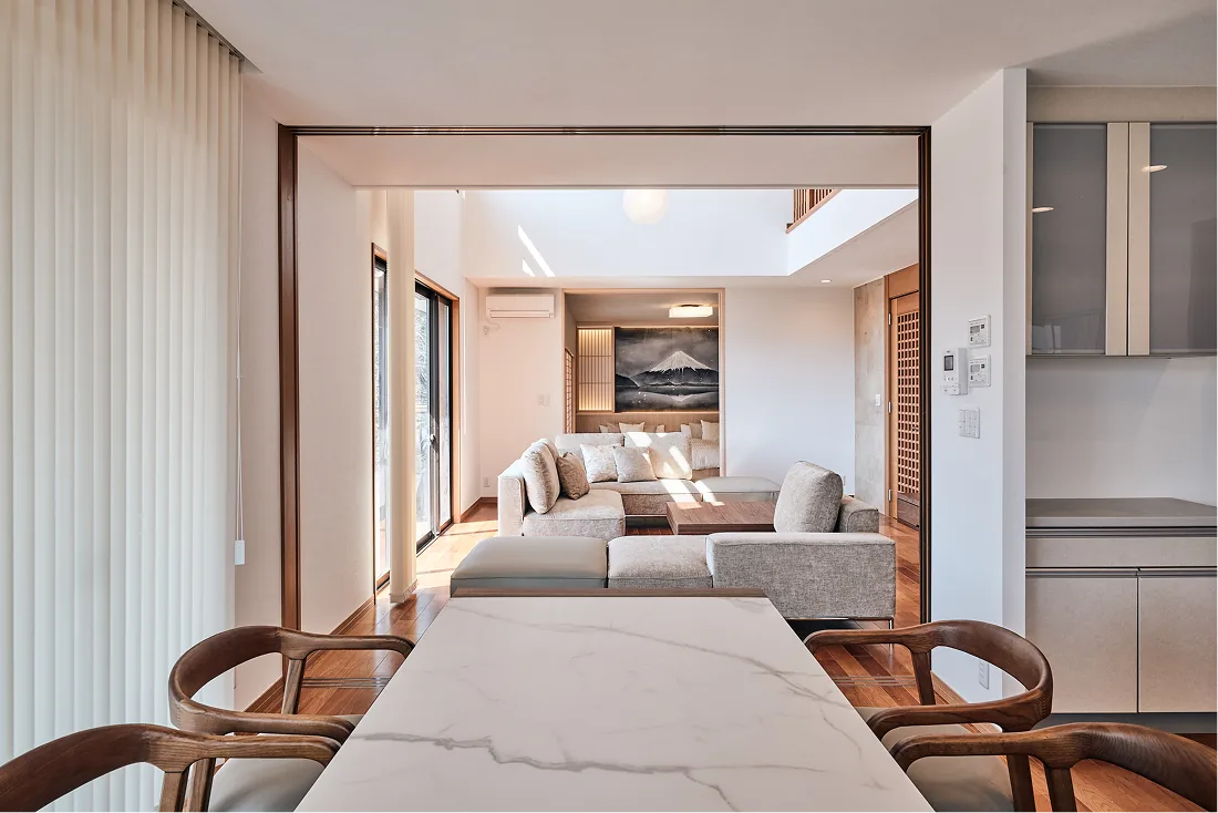 View from the marble dining table toward the living room