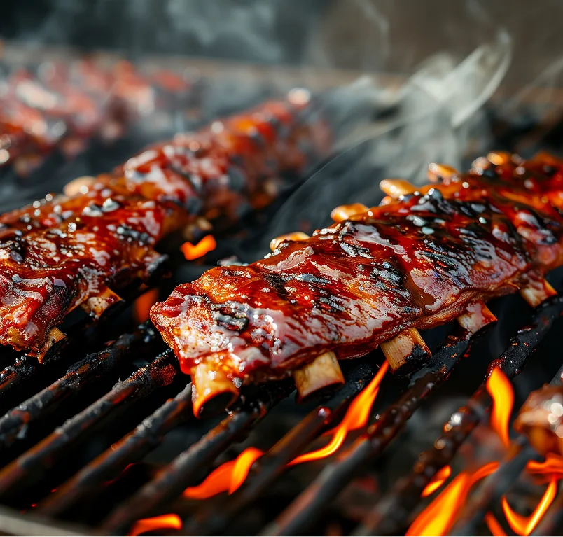 BBQ ribs sizzling on the grill