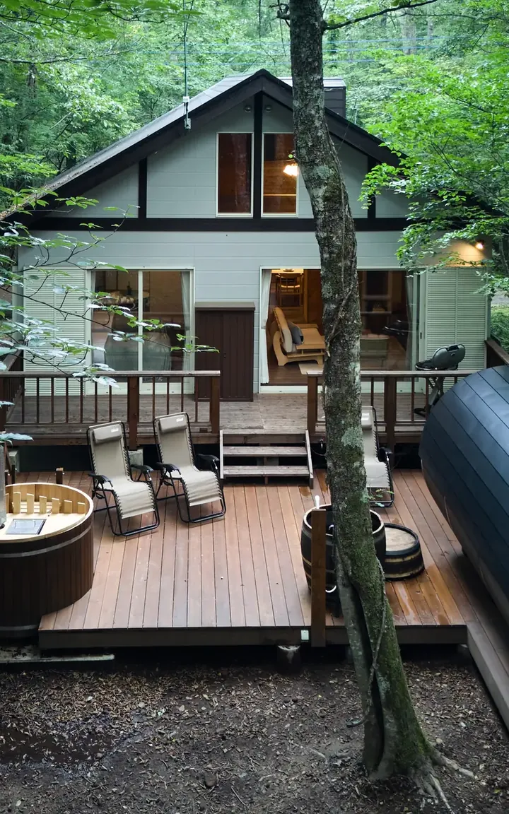 Exterior of a rental villa surrounded by trees